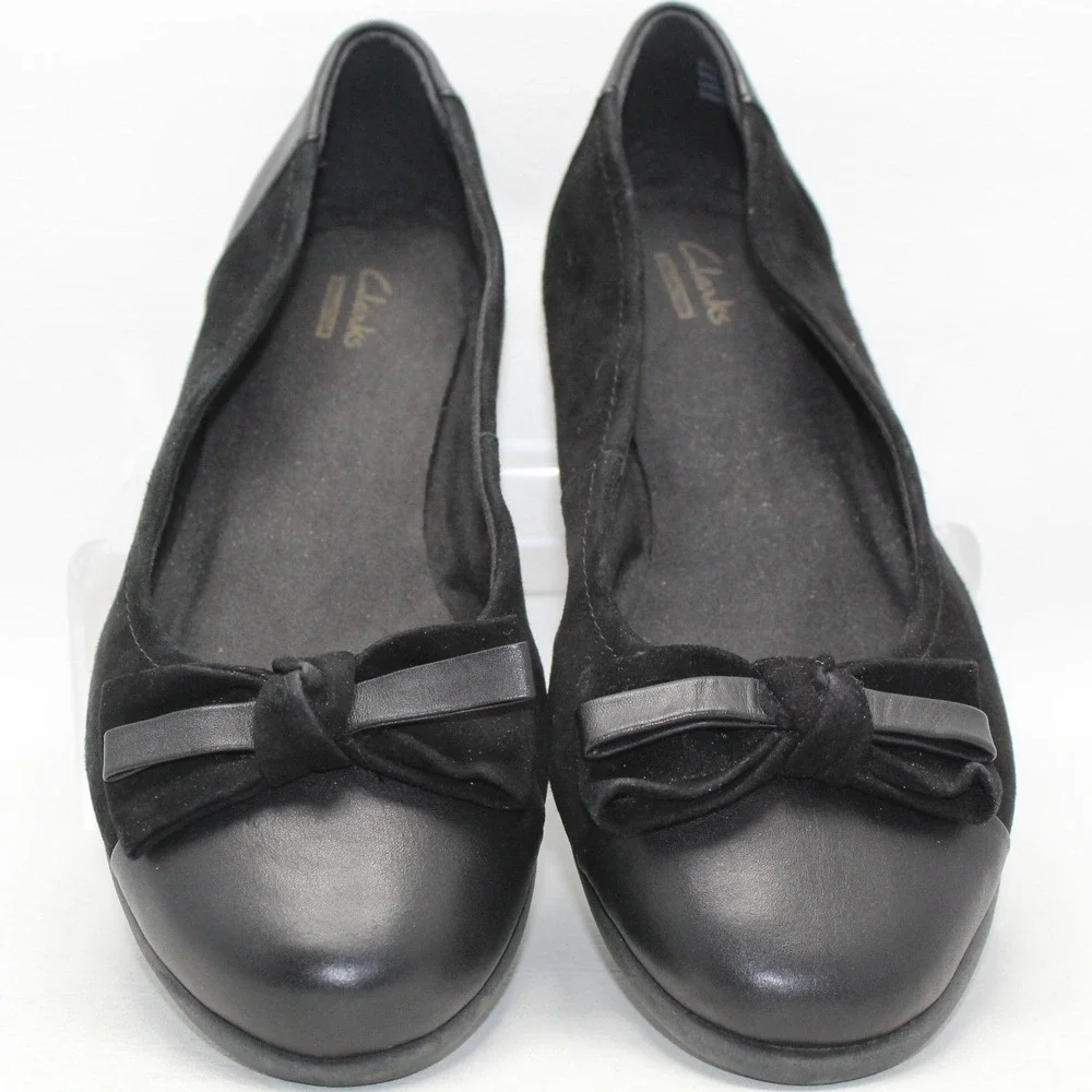 Clarks Candra Light Black Suede Leather Bow‎ Ballet Flats Womens 9W 26104706